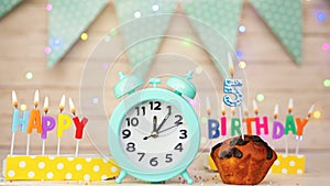 Happy birthday greeting card with muffin pie and retro clock on clock hands new birth. Beautiful background with decorations