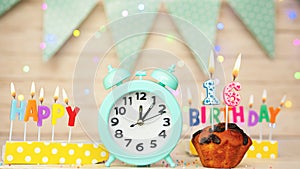 Happy birthday greeting card with muffin pie and retro clock on clock hands new birth. Beautiful background with decorations