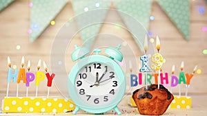 Happy birthday greeting card with muffin pie and retro clock on clock hands new birth. Beautiful background with decorations