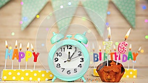 Happy birthday greeting card with muffin pie and retro clock on clock hands new birth. Beautiful background with decorations