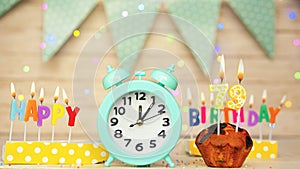 Happy birthday greeting card with muffin pie and retro clock on clock hands new birth. Beautiful background with decorations