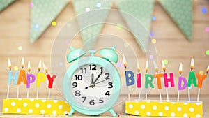 Happy birthday greeting card with muffin pie and retro clock on clock hands new birth. Beautiful background with decorations