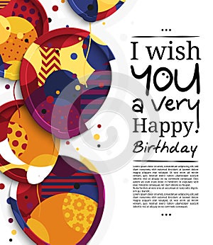 Happy birthday greeting card. Paper balloons with colorful textures. Drops color on background. Vector illustration.