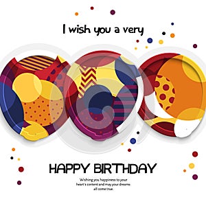 Happy birthday greeting card. Paper balloons with colorful textures. Drops color on background. Vector illustration.