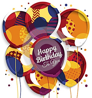 Happy birthday greeting card. Paper balloons with colorful textures. Drops color on background. Vector illustration.