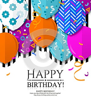 Happy Birthday greeting card with patterned balloons in flat style. Confetti and black stripes on background. Vector.