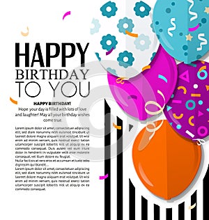 Happy Birthday greeting card with patterned balloons in flat style. Confetti and black stripes on background. Vector.