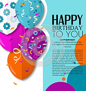 Happy Birthday greeting card with patterned balloons in flat style. Vector.