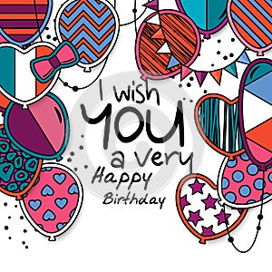 Happy birthday greeting card. Patterned balloons with stars, polka dots