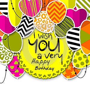 Happy birthday greeting card. Patterned balloons with stars, polka dots, hearts, leopard, chevrons, stripes. Colorful