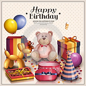 Happy birthday greeting card. Pile of colorful wrapped gift boxes. Lots of presents and toys. Party balloons, playing