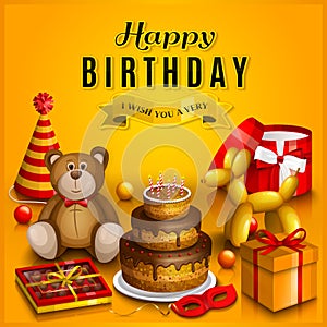 Happy birthday greeting card. Pile of colorful wrapped gift boxes. Lots of presents and toys. Party hats, teddy bear