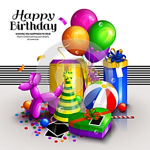 Happy birthday greeting card. Pile of colorful wrapped gift boxes. Party balloons, dog balloon, hat, confetti, playing
