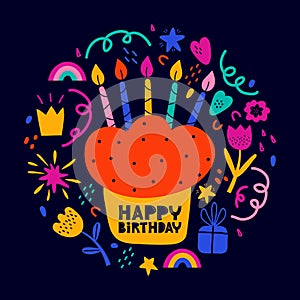 Happy birthday greeting card in pop art style. Colorful abstract shapes and elements on black background. Bday cake