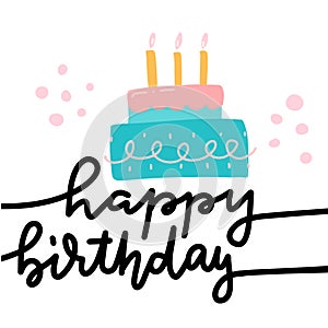 Happy Birthday greeting card template. Flat vector illustration of cake with burning candles and trendy linear