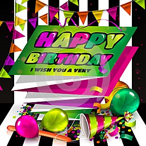 Happy birthday greeting card. Text on folded harmonica paper. Colorful balloons, hat, carnival mask, confetti and