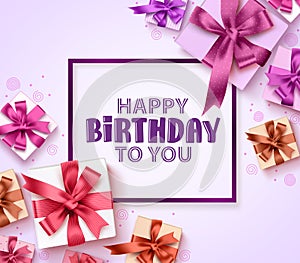 Happy birthday greeting card vector design with colorful gift boxes, ribbons and frame