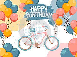 Happy birthday greeting card, vector illustration. Bicycle and balloons, birthday present, party invitation. Anniversary