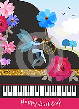 Happy birthday greeting card in vintage style. Black grand piano, winged elf with lire in shape of cosmos flower, spring landscape