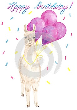 Happy Birthday greeting card with watercolor hand drawn cute llama or alpaca with pink balloons and lettering