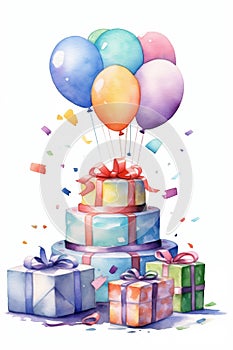 Happy birthday greeting card in watercolor style with festive gifts and balloons. Watercolor Birthday invitation