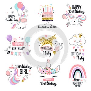 Happy birthday greeting cards with cute unicorns.