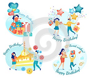 Happy Birthday Greeting Cards Set with Happy Kids.