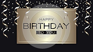 Happy birthday greeting with golden serpentine and confetti on gold square and dark background. photo