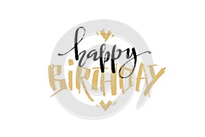 Happy Birthday greeting horizontal card. Modern vector typography. Hand written lettering with hearts.