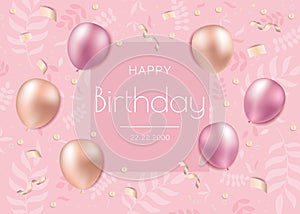 Happy Birthday greeting or invitation card with balloons, flags and foil confetti
