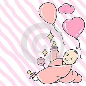 Happy Birthday greeting and invitation card. Holiday baby girl shower celebration simbols.