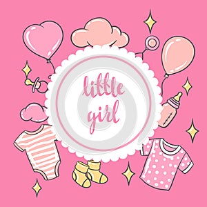 Happy Birthday greeting and invitation card. Holiday baby girl shower celebration symbols.