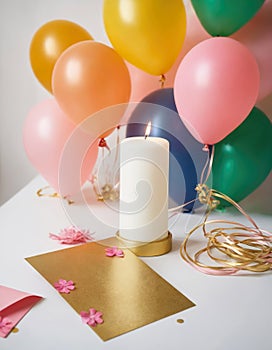 Happy birthday greeting, piece of paper and balloons