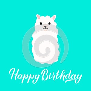 Happy Birthday hand drawn brush calligraphy lettering and Cute cartoon alpaca or llama on mint green background. Vector template