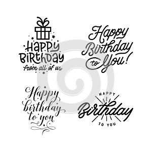 Happy birthday hand lettering compositions set. Vector vintage illustration.