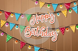 Happy birthday hanging vector background design. Happy birthday paper cut word hanging and clip in rope decorated