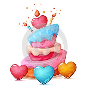 Happy birthday, heart, cake illustration.