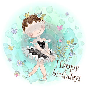 Happy birthday. Holiday card with a cute girl ballerina. Vector