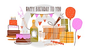 Happy Birthday, holiday card design. Bday celebration decorations, anniversary cake, champagne, gift boxes, festive