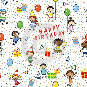 Happy birthday illustration, seamless pattern - kids on birthday party wrapping paper