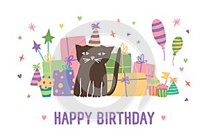 Happy birthday inscription and adorable cartoon cat in cone hat sitting against present boxes, balloons and confetti on