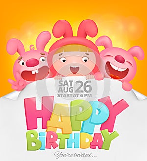 Happy Birthday invitation card with girl in pink bunny costume