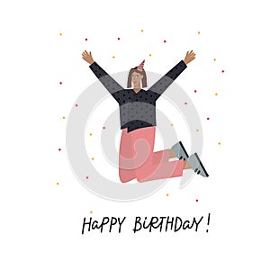 Happy Birthday jumping girl illustration lettering