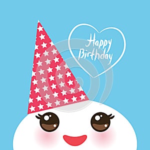 Happy birthday, Kawaii funny white muzzle with pink cheeks and eyes in the red cap on light blue background. Vector