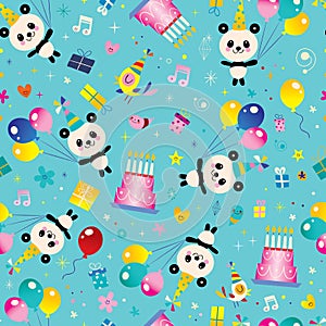 Happy Birthday kids seamless pattern with cute panda bears