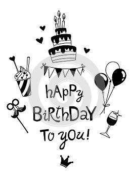 Happy Birthday lettering B-day cake with candles greeting card clipart