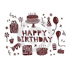 Happy Birthday Lettering Illustration with Doodle Party Elements