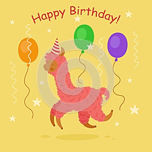 Happy birthday llama jumping. Birthday hat, balloons and greeting `happy birthday` with background