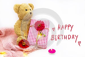 Happy birthday message card handwriting with gift box, teddy bear