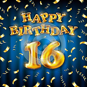 16 Happy Birthday message made of golden inflatable balloon sixteen letters isolated on blue background fly on gold ribbons with
